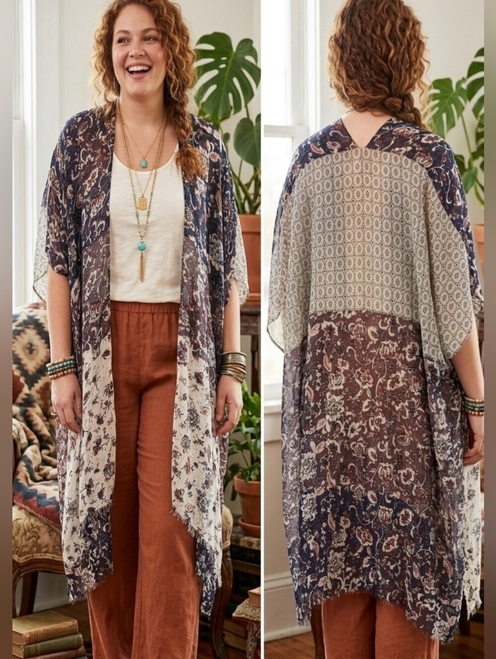 Boho Mixed-Print Kimono in Navy & Cream